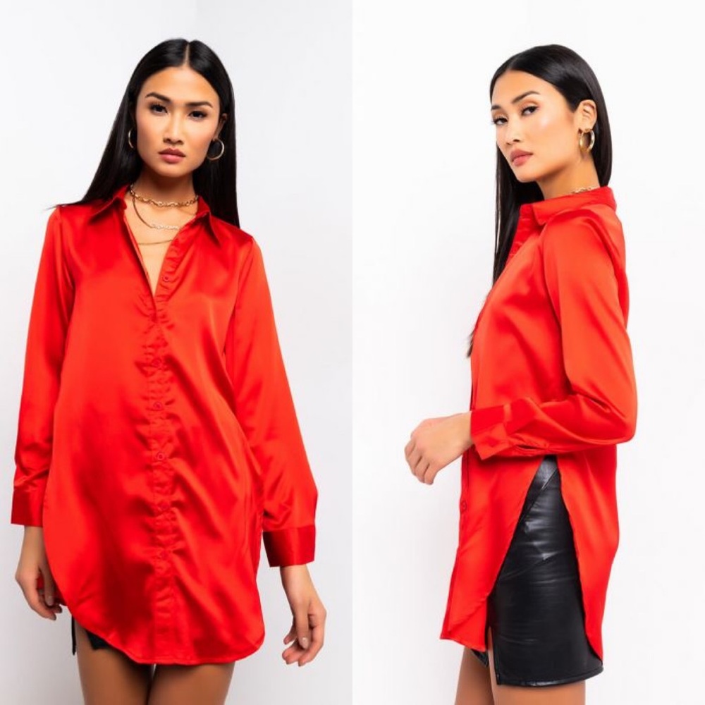 Red Longline Button Down Blouse - Picture 3 of 4